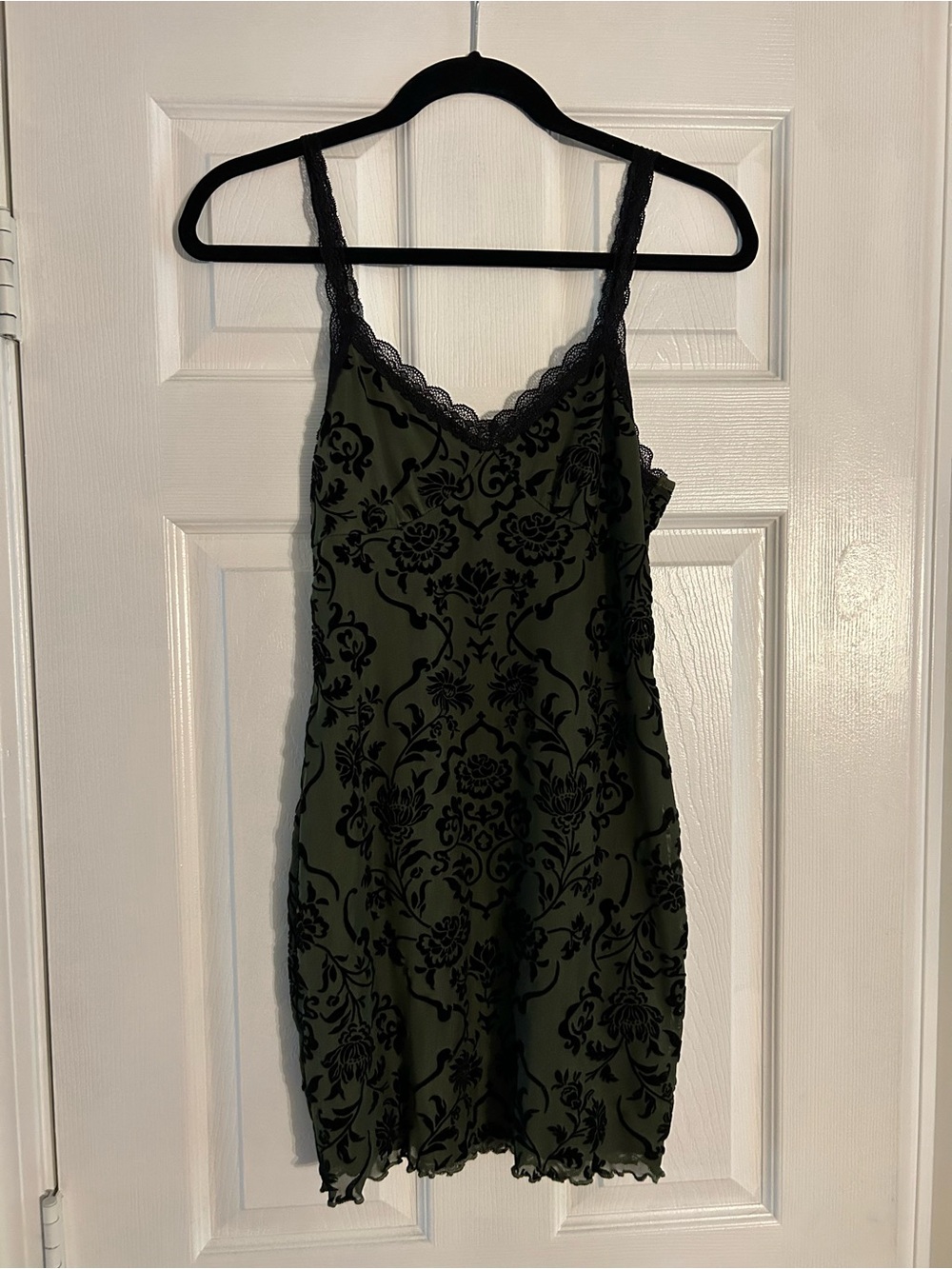 Olive Green Slip Dress with Black Floral Design